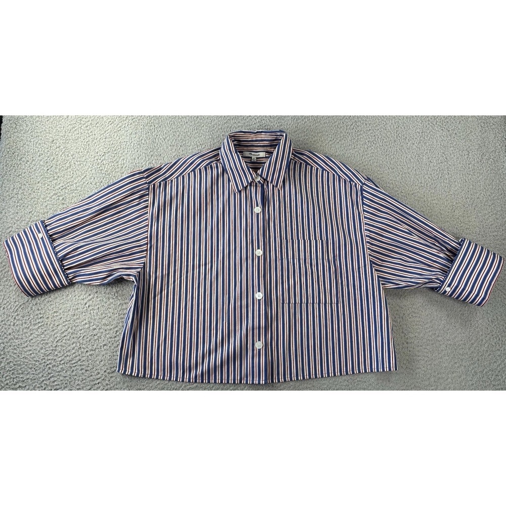 Madewell Straight Hem Shirt Womens XS Red White Blue Stripe Button Up Boxy